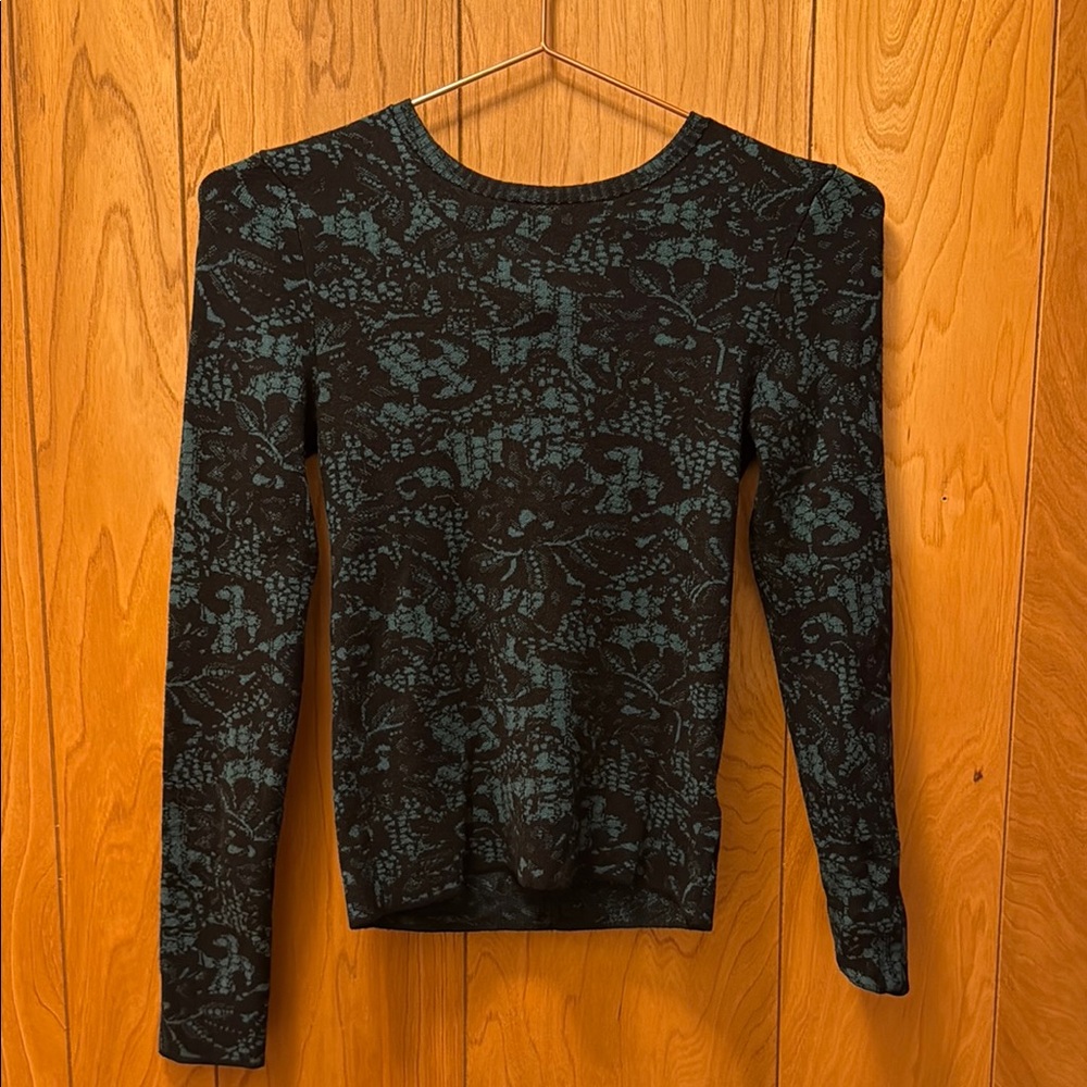 Express XS Fitted Lace Print Black and Green Sweater